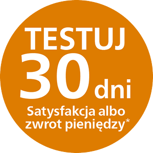 Pomarańczowe koło z następującym tekstem: "Testuj 30 dni. Satysfakcja albo zwrot pieniędzy".