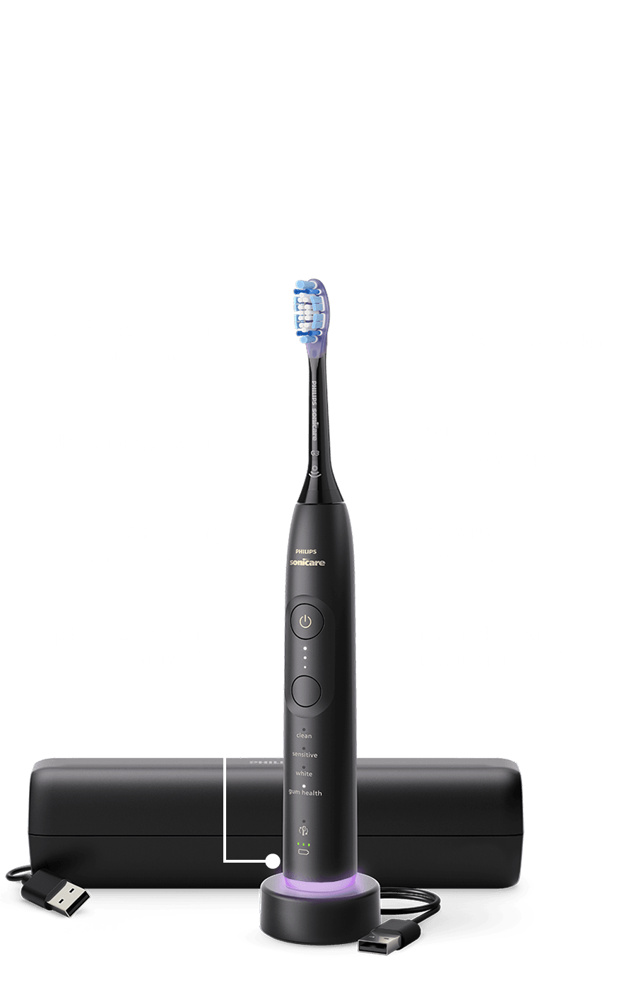 Szczoteczka umieszczona w ładowarce. Obok znajduje się etui.