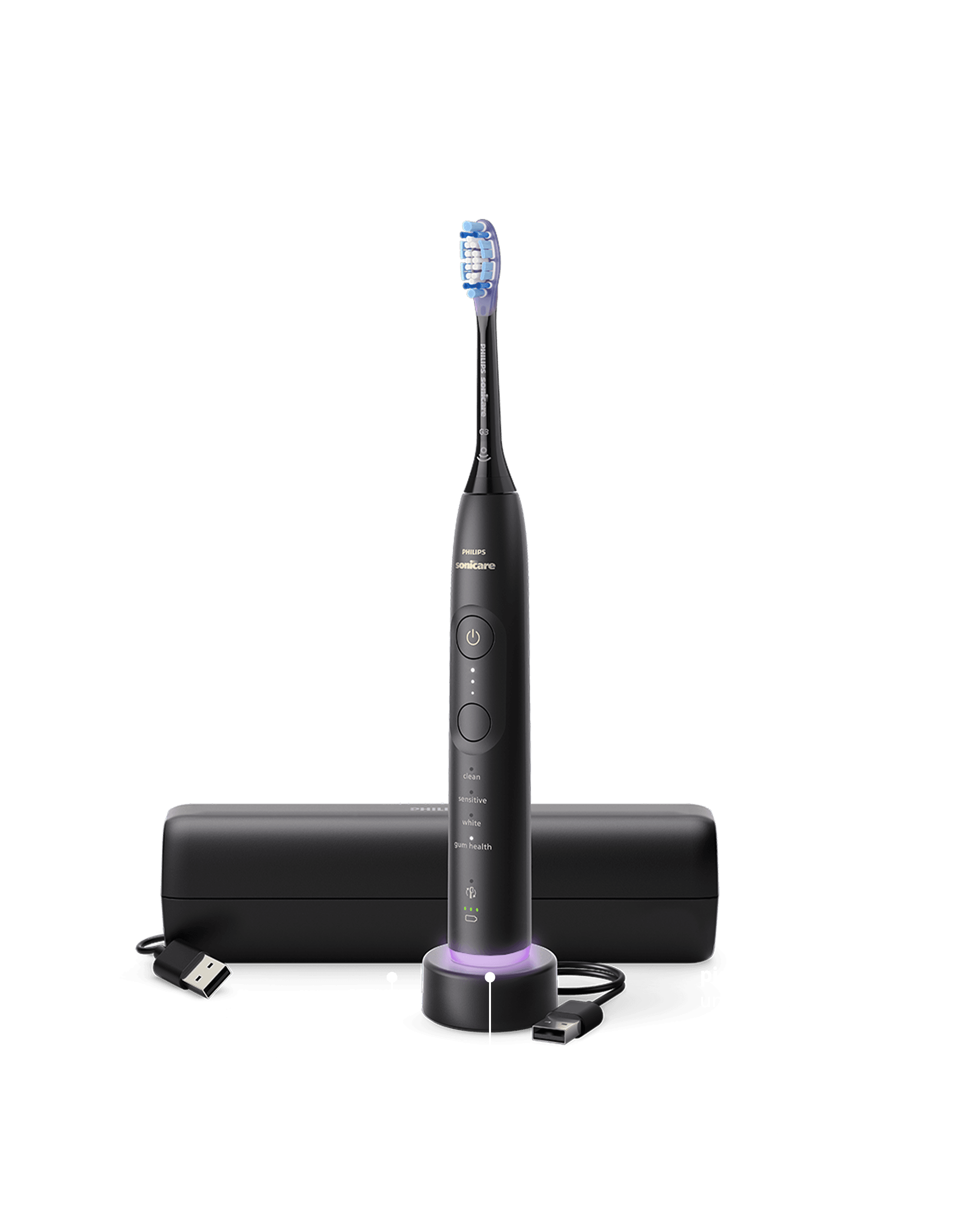 Szczoteczka umieszczona w ładowarce. Obok znajduje się etui.