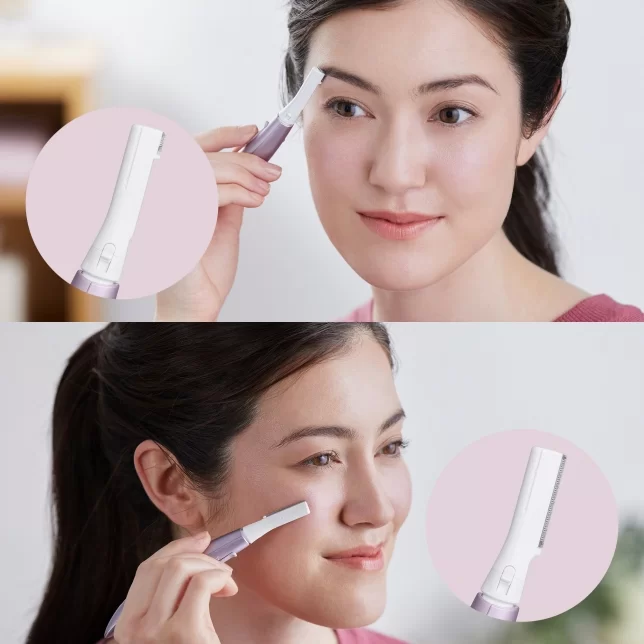 Kolaż: kobieta używa trymera do precyzyjnej regulacji brwi oraz do usuwania niechcianych włosków z twarzy