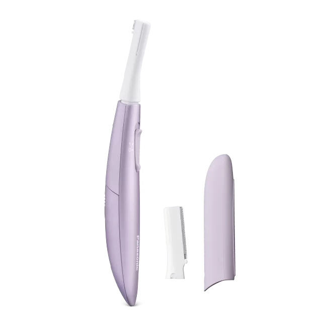 Fioletowy trymer do brwi Panasonic z akcesoriami: nasadką ochronną i grzebykiem do regulacji długości