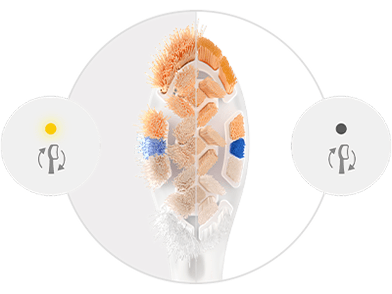 Po lewej stronie znajduje się zużyta końcówka i ikona wymiany końcówki z pomarańczową diodą. Po prawej niezużyta końcówka i ikona wymiany końcówki z niezapaloną diodą.
