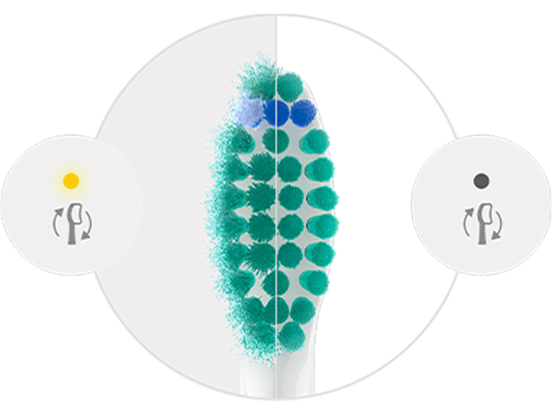 Po lewej stronie znajduje się zużyta końcówka i ikona wymiany końcówki z pomarańczową diodą. Po prawej niezużyta końcówka i ikona wymiany końcówki z niezapaloną diodą.