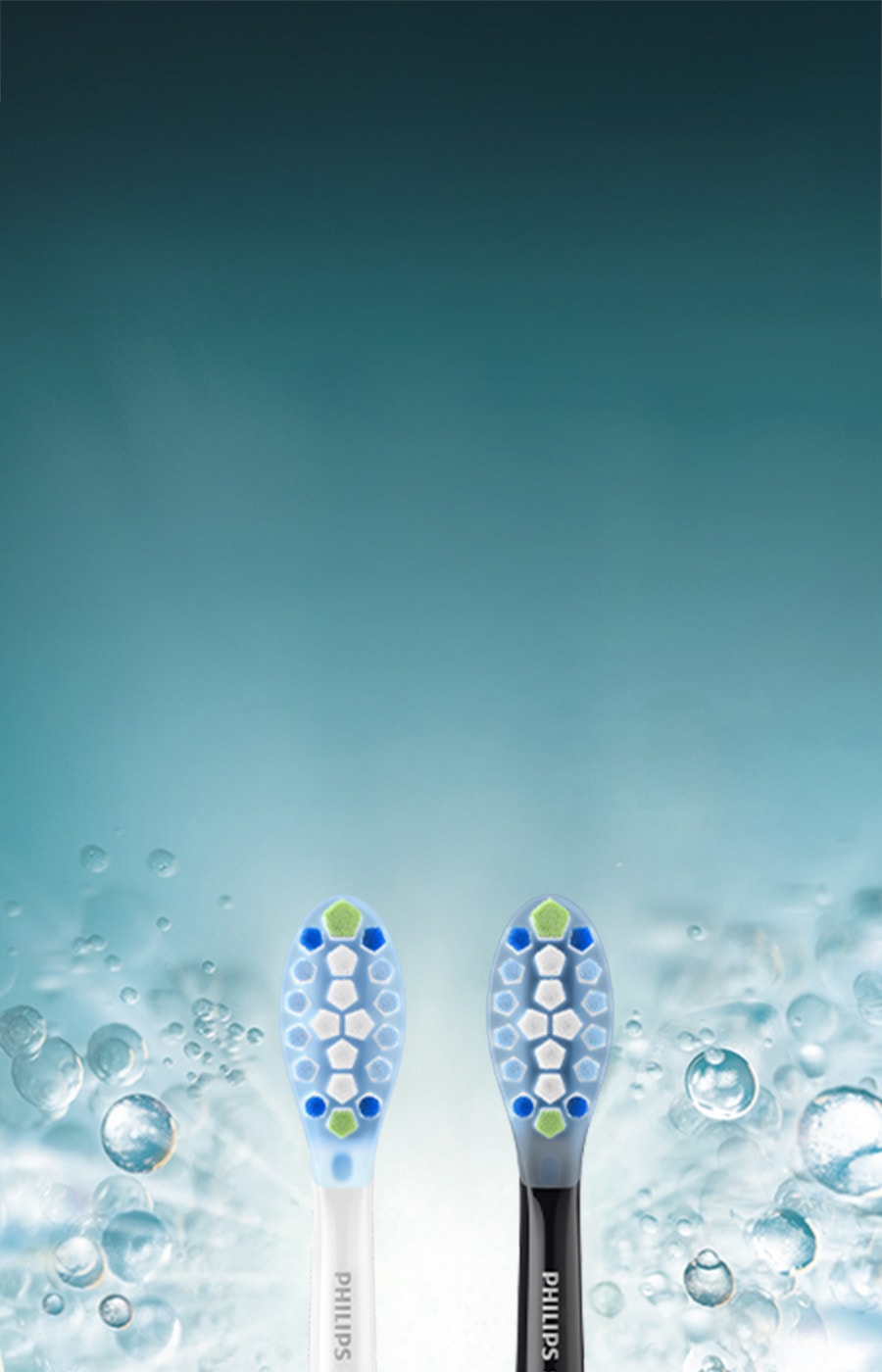 Dwie końcówki (czarna i biała) z włóknami w kolorze białym, niebieskim, granatowym i zielonym.