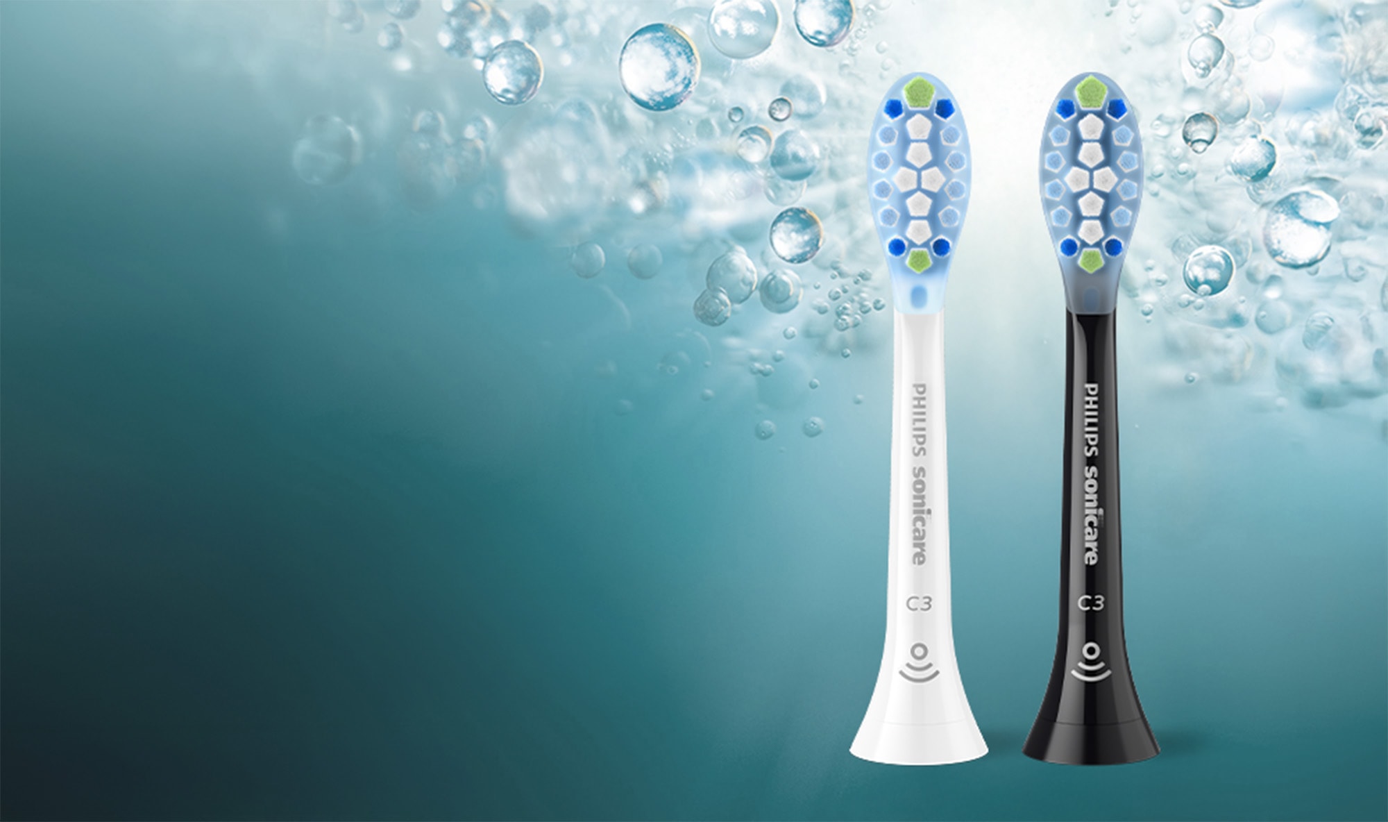 Dwie końcówki (czarna i biała) z włóknami w kolorze białym, niebieskim, granatowym i zielonym.