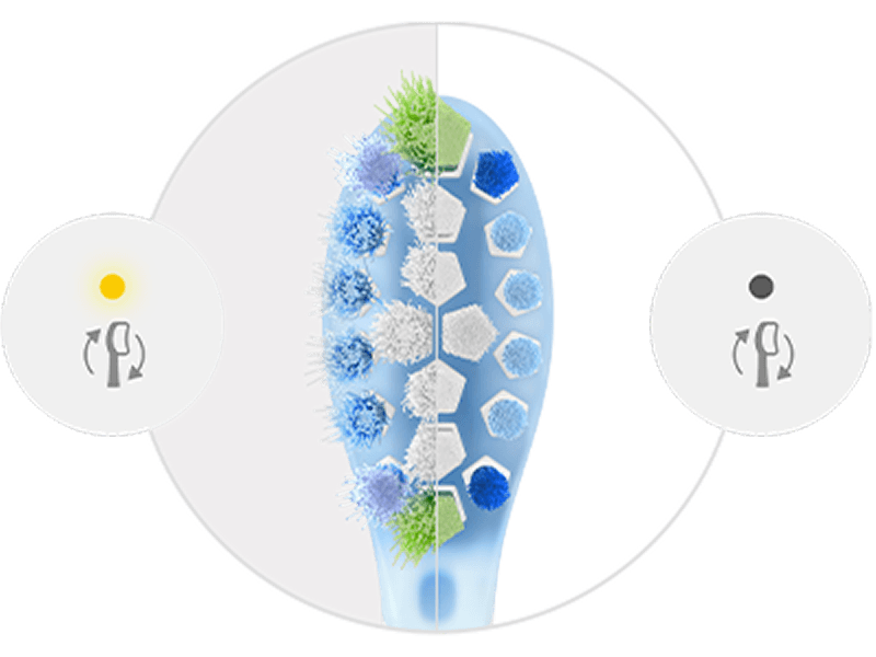 Po lewej stronie znajduje się zużyta końcówka i ikona wymiany końcówki z pomarańczową diodą. Po prawej niezużyta końcówka i ikona wymiany końcówki z niezapaloną diodą.