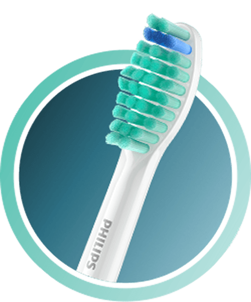 Biała końcówka z włóknami w kolorze turkusowym i granatowym.