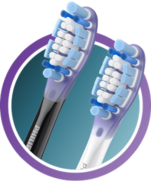 Dwie końcówki (czarna i biała) z włóknami w kolorze białym, niebieskim i granatowym.