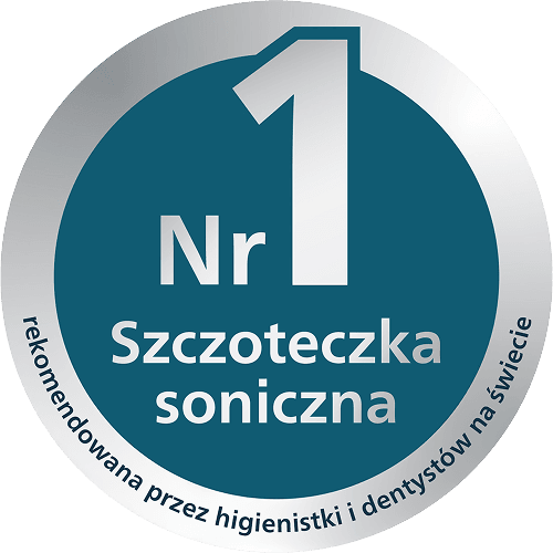 Okrągła ikona z napisem: „Szczoteczka soniczna nr 1 rekomendowana przez higienistki i dentystów na świecie”.