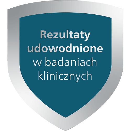 Ikona w kształcie odznaki z napisem: „Rezultaty udowodnione w badaniach klinicznych”.