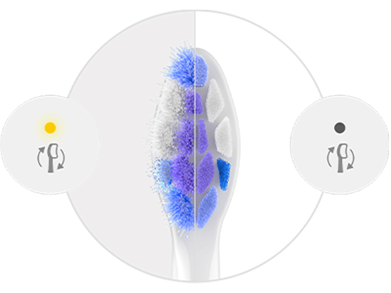 Po lewej stronie znajduje się zużyta końcówka i ikona wymiany końcówki z pomarańczową diodą. Po prawej niezużyta końcówka i ikona wymiany końcówki z niezapaloną diodą.