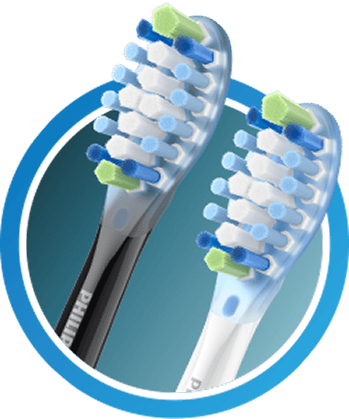 Dwie końcówki (czarna i biała) z włóknami w kolorze białym, niebieskim, granatowym i zielonym.