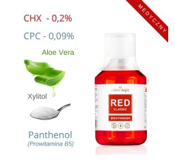 ORTHOSEPT Red Classic medyczny płyn do płukania jamy ustnej 200 ml 0,2%CHX + CPC 0,09% + Xylitol + Aloes + Prowitamina B5 bez alkoholu